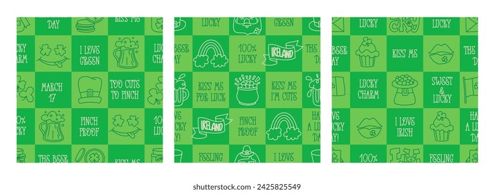 St Patricks Day funny seamless pattern with a checkered green background and cute hand-drawn Irish holiday quotes, icons, symbols, and elements.