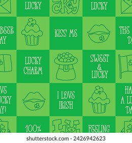 St Patricks Day funny seamless pattern with a checkered green background and cute hand-drawn Irish holiday quotes, icons, symbols, and elements.