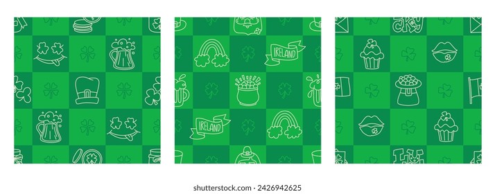 St Patricks Day lustige nahtlose Muster mit einem karierten grünen Hintergrund und niedliche handgezeichnete irische Feiertagssymbole, Symbole und Elemente. 