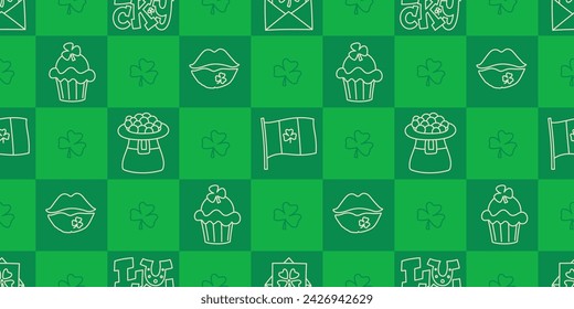 St Patricks Day funny seamless pattern with a checkered green background and cute hand-drawn Irish holiday icons, symbols, and elements. 