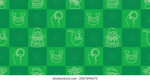 St Patricks Day funny seamless pattern with a checkered green background and cute hand-drawn Irish holiday icons, symbols, and elements. 