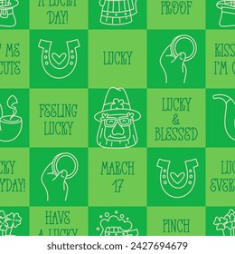 St Patricks Day funny seamless pattern with a checkered green background and cute hand-drawn Irish holiday quotes, icons, symbols, and elements.