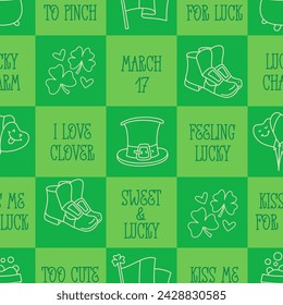 St Patricks Day funny seamless pattern with a checkered green background and cute hand-drawn Irish holiday quotes, icons, symbols, and elements.