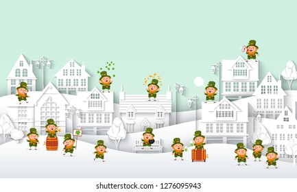 St. Patricks Day, funny tiny leprechauns on the background of the street with white buildings, paper cut, festive vector background