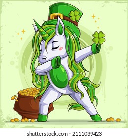 St Patrick's day funny unicorn wearing Leprechaun hat doing dabbing dance and holding clover 