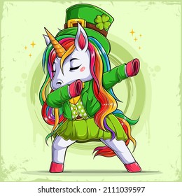 St Patrick's day funny unicorn wearing Leprechaun hat and costume doing dabbing dance