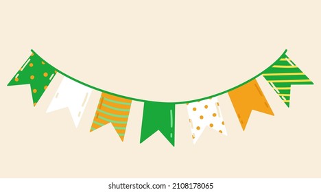 St. Patrick's Day garland. Colorful festive bunting on Saint Patrick's Day. Isolated on white background. Vector illustration in Irish Colors.