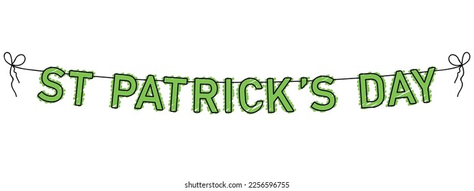 st patricks day garland, green party bunting, big letters hanging on a string, black line vector illustration