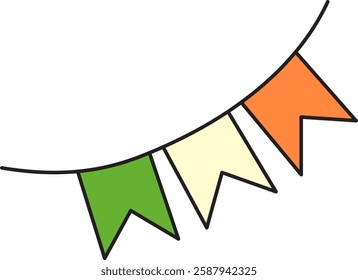 St. Patrick's Day, garland of paper flags in the colors of the flag of Ireland, green, white, orange, retro vintage style, vector flat icon isolated on a white transparent background