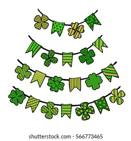 St. Patricks day garland with patterned clover leaves and bunting flags. Design elements for festive backgrounds, cards, posters, banners. Vector illustration