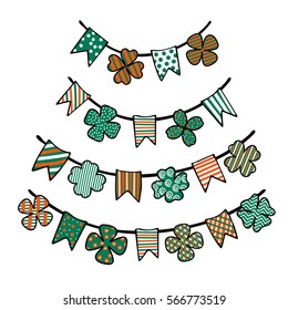 St. Patricks day garland with patterned clover leaves and bunting flags. Design elements for festive backgrounds, cards, posters, banners. Vector illustration