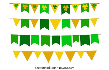 St. Patrick's Day garland set. Colorful festive bunting with clover on Saint Patrick's Day. Party elements, flags, clover. Isolated on white background. Vector illustration, clip art in Irish Colors.