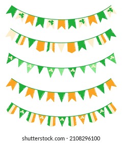 St. Patrick's Day garland set. Colorful festive bunting on Saint Patrick's Day. Isolated on white background. Vector illustration in Irish Colors.