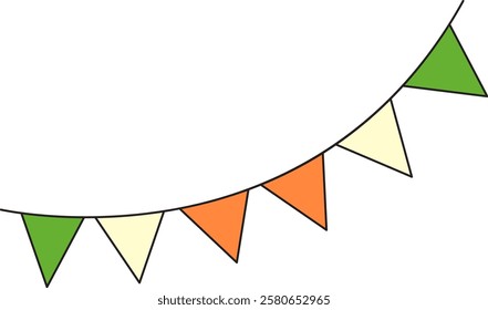 St. Patrick's Day, a garland of triangular paper flags in the colors of the flag of Ireland, green, white, orange, retro vintage style, vector flat icon isolated on a white transparent background