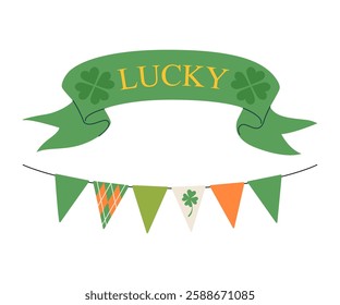 St. Patrick's Day garlands. Hand drawn garlands with Irish flag colors,  lucky lettering banner, and clovers. Festival or carnival decor. Vector illustration isolated on a white background.