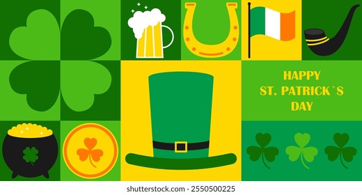 St. Patrick`s Day geometric collage. Mosaic pattern. Festive banner with leprechaun hat, horseshoe, smoking pipe, glass of beer, clover, cauldron of gold coins and Irish flag. Vector illustration