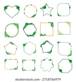 Colección de marco geométrico del día de San Patricio. Conjunto de Vector de bordes de corazón, estrella y polígono con tréboles verdes para invitaciones minimalistas.