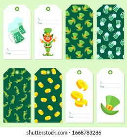 St. Patrick's Day gift tags. Set of gift tags with cartoon illustrations of St. Patrick's Day symbols. Vector 8 EPS.
