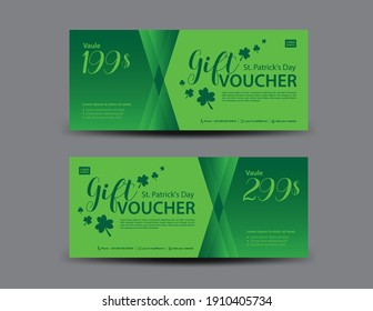 St. Patrick's Day Gift voucher card, Green Gift Voucher template, coupon design, certificate, ticket template, discount card, sale banner design, vector illustration