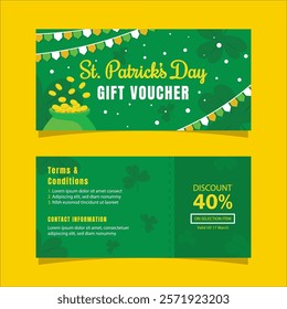 St. patrick's day gift voucher template with discount offers in green festive vector design