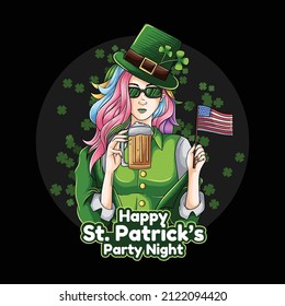 ST. Patrick's Day girl carrying a united states flag and a glass of beer