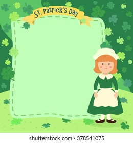 St. Patrick's Day Girl Notes. Vector illustration of St. Patrick's Day greeting card banner notes with a girl in green clover background.