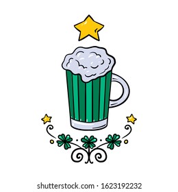 St. Patrick's Day. Glass of beer in cartoon style. Vector illustration with glass. Drink menu for celebration.