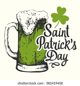 St. Patrick's Day. Glass of beer in sketch style. Vector illustration with glass and congratulations. Drink menu for celebration. 