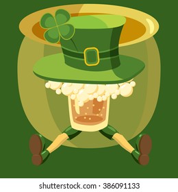 St. Patrick's Day, with a glass of beer, hat, clover flower pot with gold banner, vector illustration