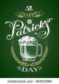 St. Patricks Day. Glass beer mug with barley wreath. Chalk drawing. Eps8. RGB. Global colors. All elements are grouped separately