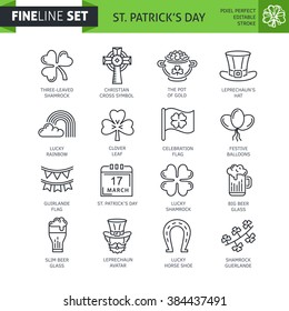 St. Patrick's Day glat thin line icon elements. Shamrock, beer, lerprechaun, cross.  Flat thin line stroke vector concept. Modern minimal illustration