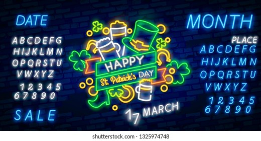 St Patrick's Day Glow Signboard with Leprachaun Hat. Clover Leaf Talisman. Shiny Neon Light Poster, Flyer, Banner, Postcard, Invitation. Seamless Brick Wall. Vector 3d Illustration.