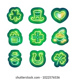 St Patricks Day glowing neon icons sticker pack makes it quick and easy to customize your holiday projects. Each of icon is named and placed in a symbol panel.