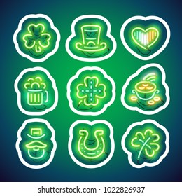 St Patricks Day glowing neon icons sticker pack with white stroke makes it quick and easy to customize your holiday projects. Each of icon is named and placed in a symbol panel.