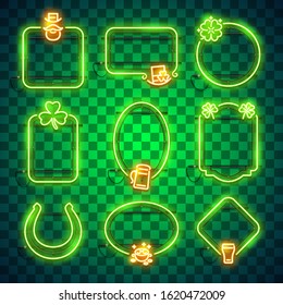 St Patricks Day glowing neon frames set with clovers, beer and lucky horseshoe. Greeting card template. Vector clip art great for your holidays projects in retro-futuristic romantic style.