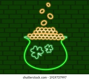 St. Patrick's Day glowing neon sign. Neon pot with coins on a dark green brick wall. Saint Patrick's Day bright signboard, light banner. St. Patrick s Day symbol green pot.