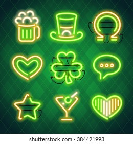 St Patrick's Day Glowing Neon Signs Set. Used pattern brushes included. There are fastening elements in a symbol palette.