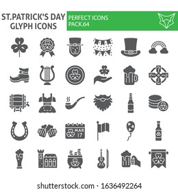 St. Patrick's Day glyph icon set, holiday symbols collection, vector sketches, logo illustrations, saint patrick icons, business signs solid pictograms package isolated on white background, eps 10