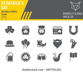 St. Patricks Day glyph icon set, holiday collection, vector graphics, logo illustrations, St. Patricks Day vector icons, celebration signs, solid pictograms, editable stroke