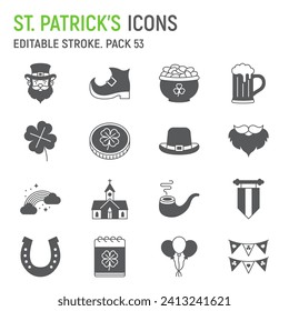 St. Patrick's day glyph icon set, holidays collection, vector graphics, logo illustrations, irish vector icons, patrick's day signs, solid pictograms, editable stroke