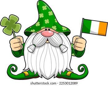 St. Patrick's Day Gnome Cartoon Character Holding Clover And Flag Of Ireland. Vector Hand Drawn Illustration Isolated On Transparent Background