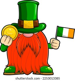 St. Patrick's Day Gnome Cartoon Character Holding A Gold Coin And Flag Of Ireland. Vector Hand Drawn Illustration Isolated On Transparent Background