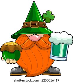 St. Patrick's Day Gnome Cartoon Character Holds Purse With Gold Coins And Mug Of Beer. Vector Hand Drawn Illustration Isolated On Transparent Background