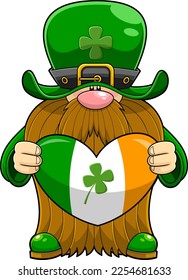 St. Patrick's Day Gnome Cartoon Charakter, der ein irisches Herz hält. handgezeichnete Vektorgrafik einzeln auf transparentem Hintergrund