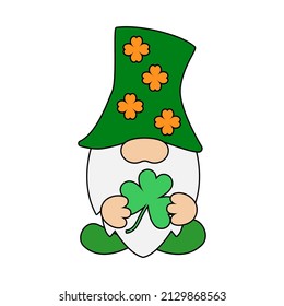 St. Patrick's Day  gnome with clover for good luck. Cartoon vector Leprechauns illustration for banner, badge, cards. Isolated on white background. 

