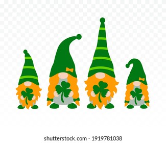 St Patrick's Day Gnome Family isolated on transparent background. Irish gnomes holding shamrocks or clovers. Vector illustration