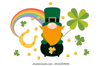 St. Patrick's Day gnome. Green clover vector background. Irish holiday celebration. Gnome with shamrock and horseshoe
