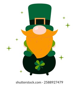 St. Patrick's Day gnome. Green clover, pot, leprechaun vector background. Irish holiday celebration. Gnome with shamrock. Holiday vector illustration