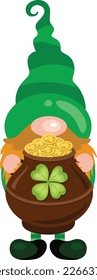 St Patricks Day gnome holding a pot full of gold coins
