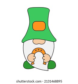 St. Patrick's Day  gnome with horseshoe for good luck. Cartoon vector Leprechauns illustration for banner, t shirt, cards. Isolated on white background. 